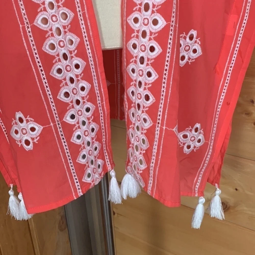 Time and Tru orange kimono / coverup with white embroidery & tassels Size S / M
